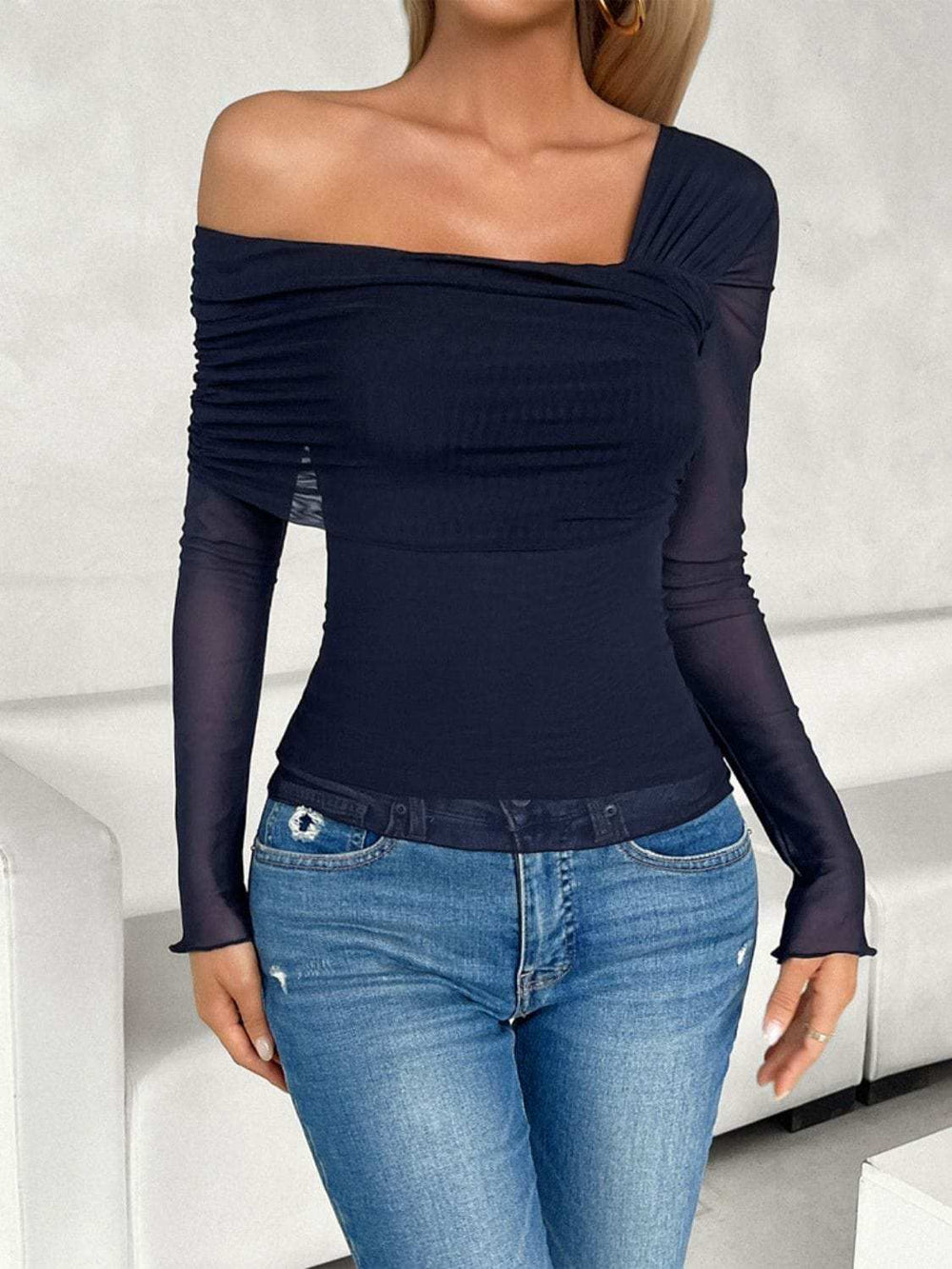 Ruched Asymmetrical Long Sleeve T-Shirt - Trendsi - Flyclothing LLC