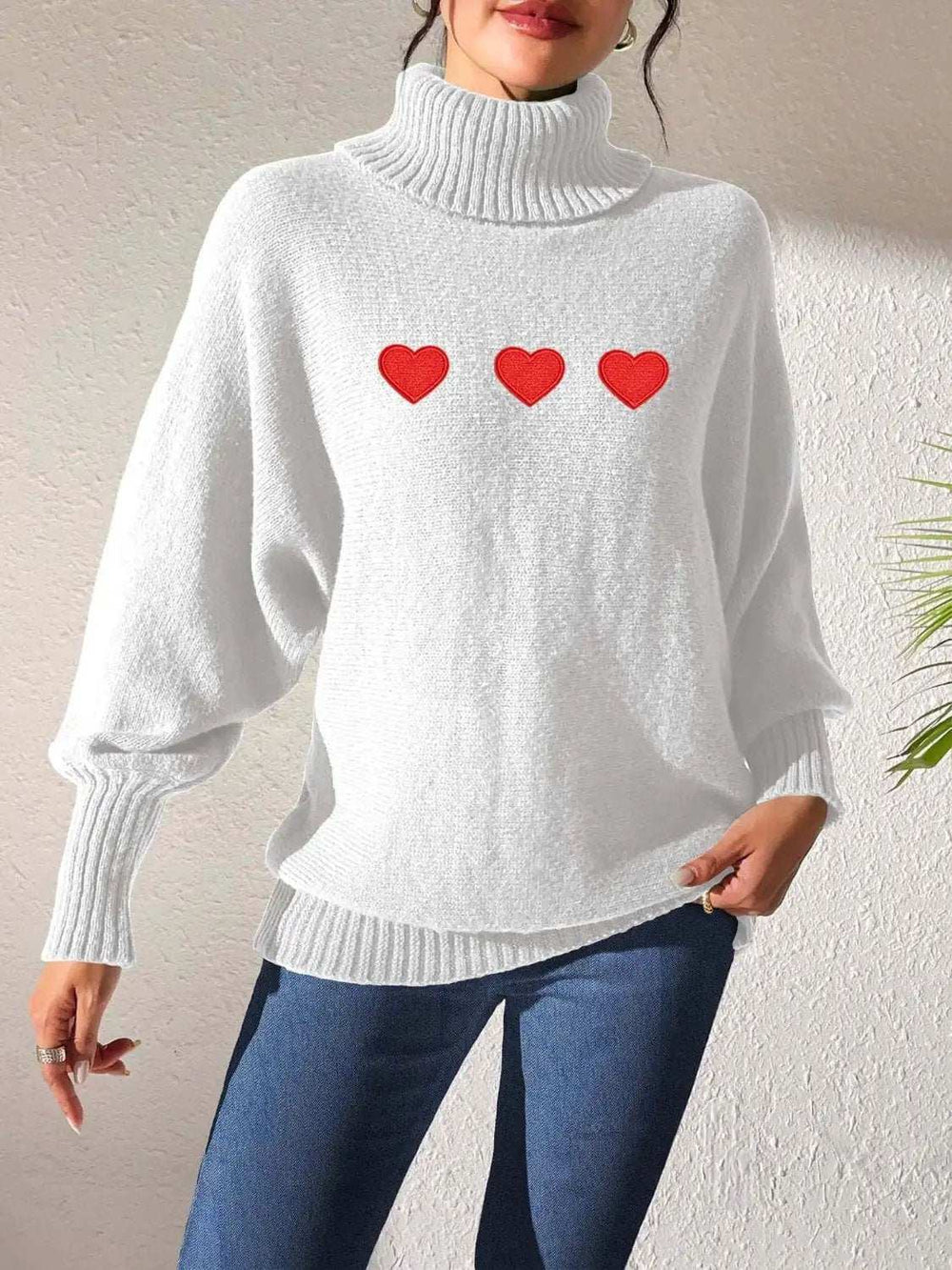 Heart Turtleneck Long Sleeve Sweater - Trendsi - Flyclothing LLC