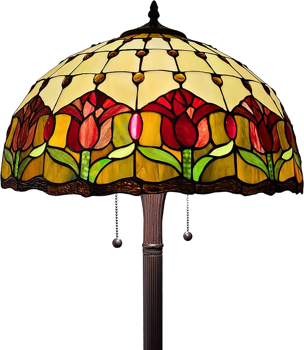 62" Brown Two Light Traditional Shaped Floor Lamp With Red Flowers Stained Glass Dome Shade - Homeroots - Flyclothing LLC