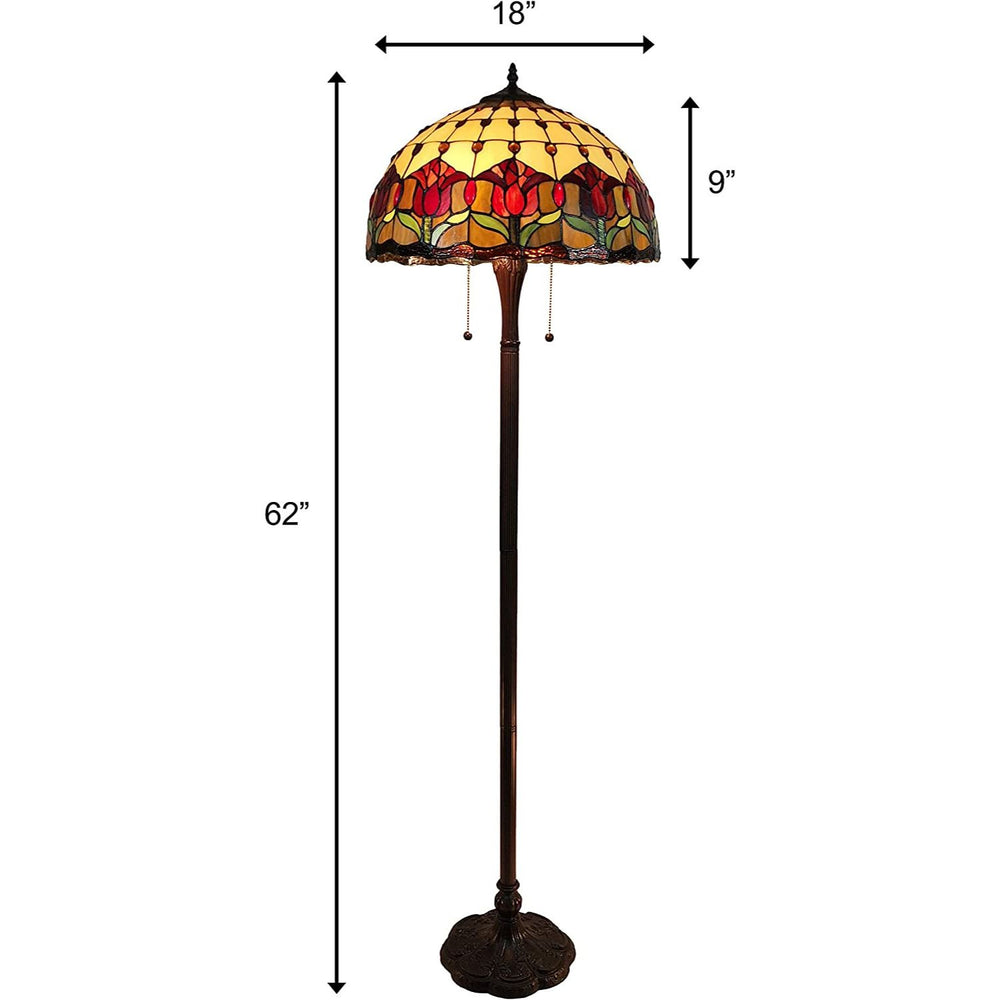 62" Brown Two Light Traditional Shaped Floor Lamp With Red Flowers Stained Glass Dome Shade - Homeroots - Flyclothing LLC