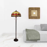 62" Brown Two Light Traditional Shaped Floor Lamp With Red Flowers Stained Glass Dome Shade - Homeroots - Flyclothing LLC