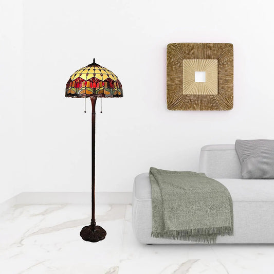 62" Brown Two Light Traditional Shaped Floor Lamp With Red Flowers Stained Glass Dome Shade - Homeroots