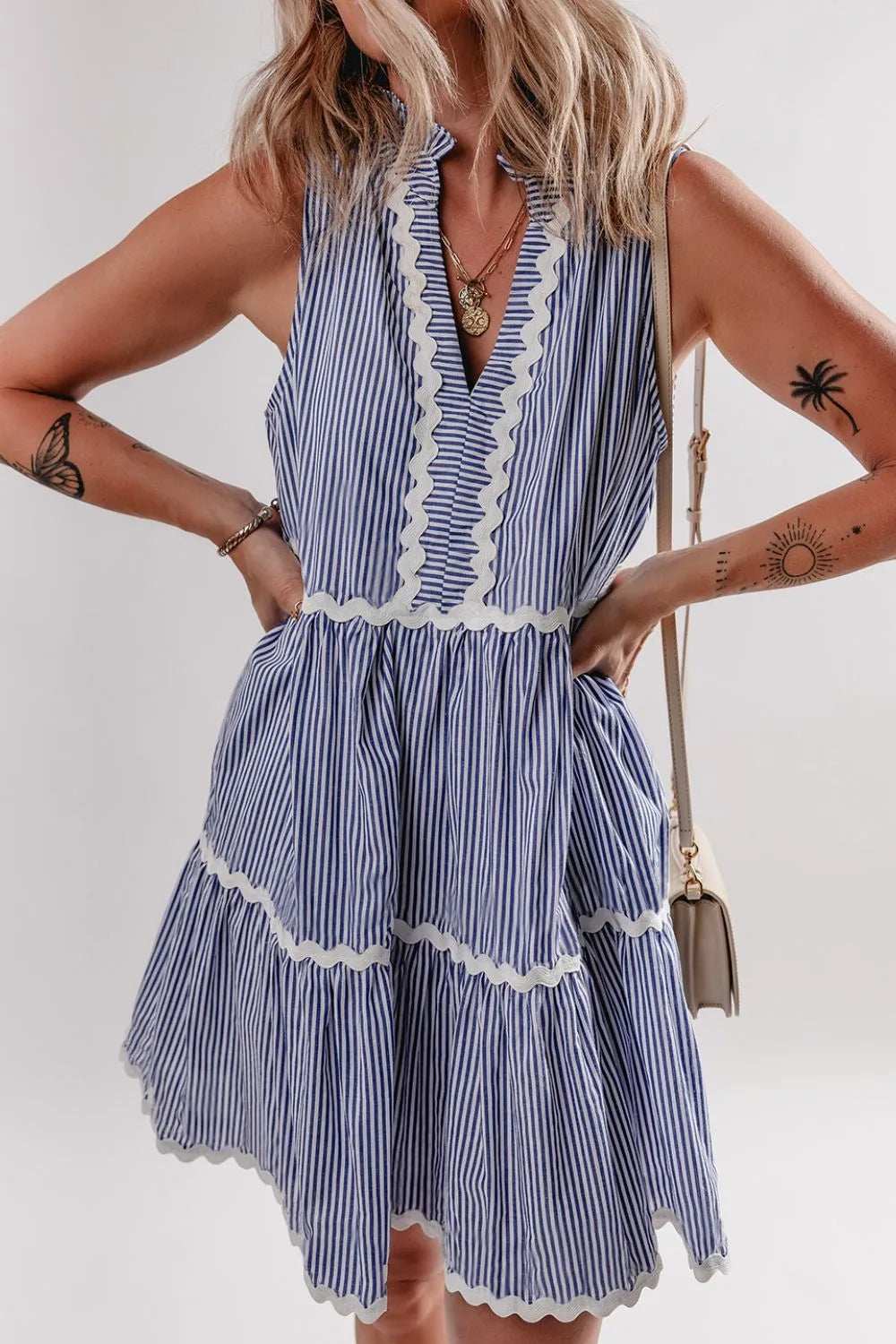 Stripe Sleeveless Notched Ric Rac Mini Dress - Trendsi - Flyclothing LLC