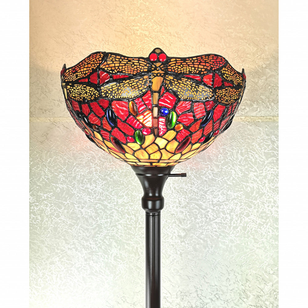 69" Brown Traditional Shaped Floor Lamp With Red Yellow And Brown Dragonfly Stained Glass Dome Shade - Homeroots - Flyclothing LLC