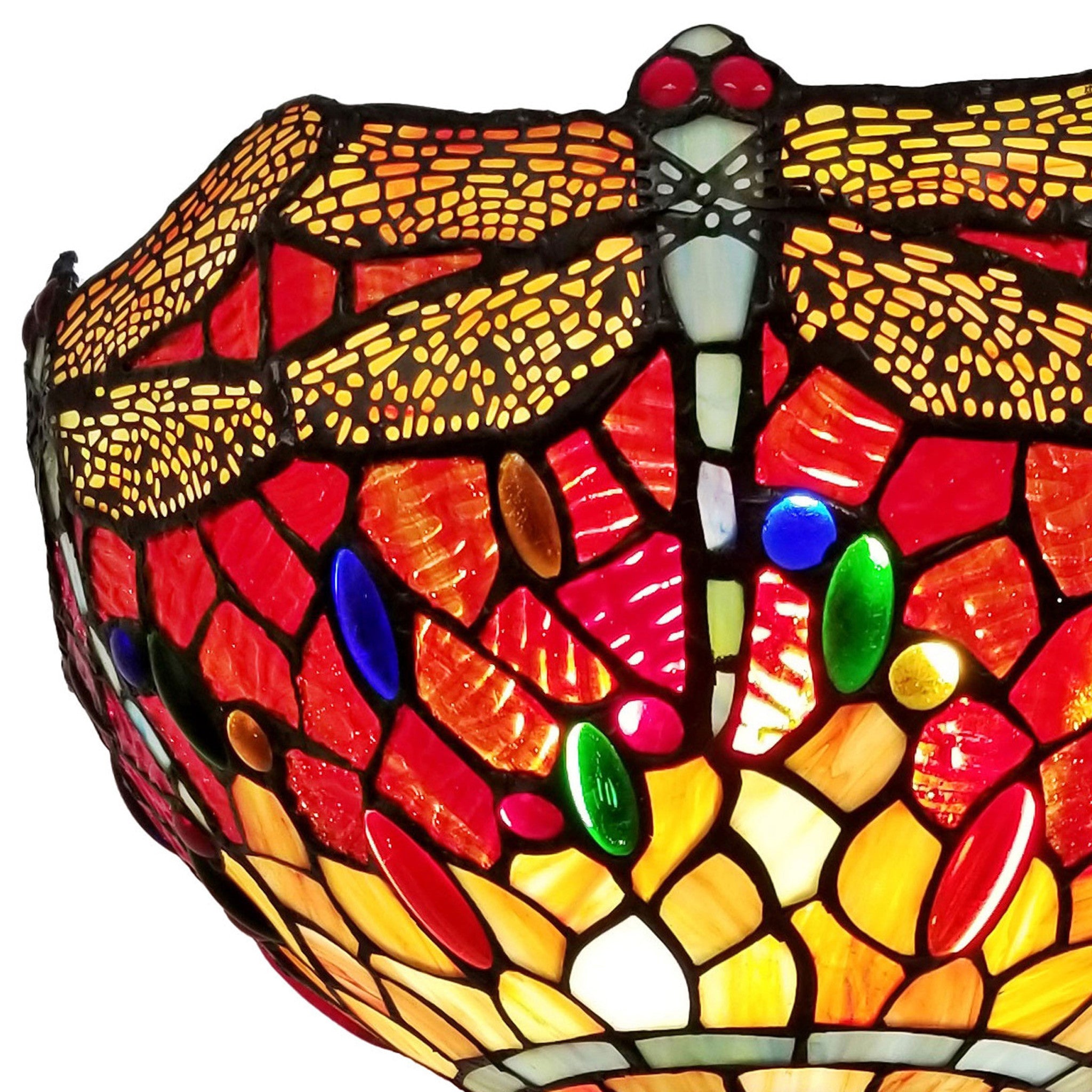 69" Brown Traditional Shaped Floor Lamp With Red Yellow And Brown Dragonfly Stained Glass Dome Shade - Homeroots - Flyclothing LLC