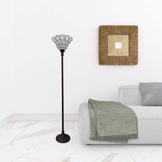 62" Brown Traditional Shaped Floor Lamp With White Stained Glass Bowl Shade - Homeroots