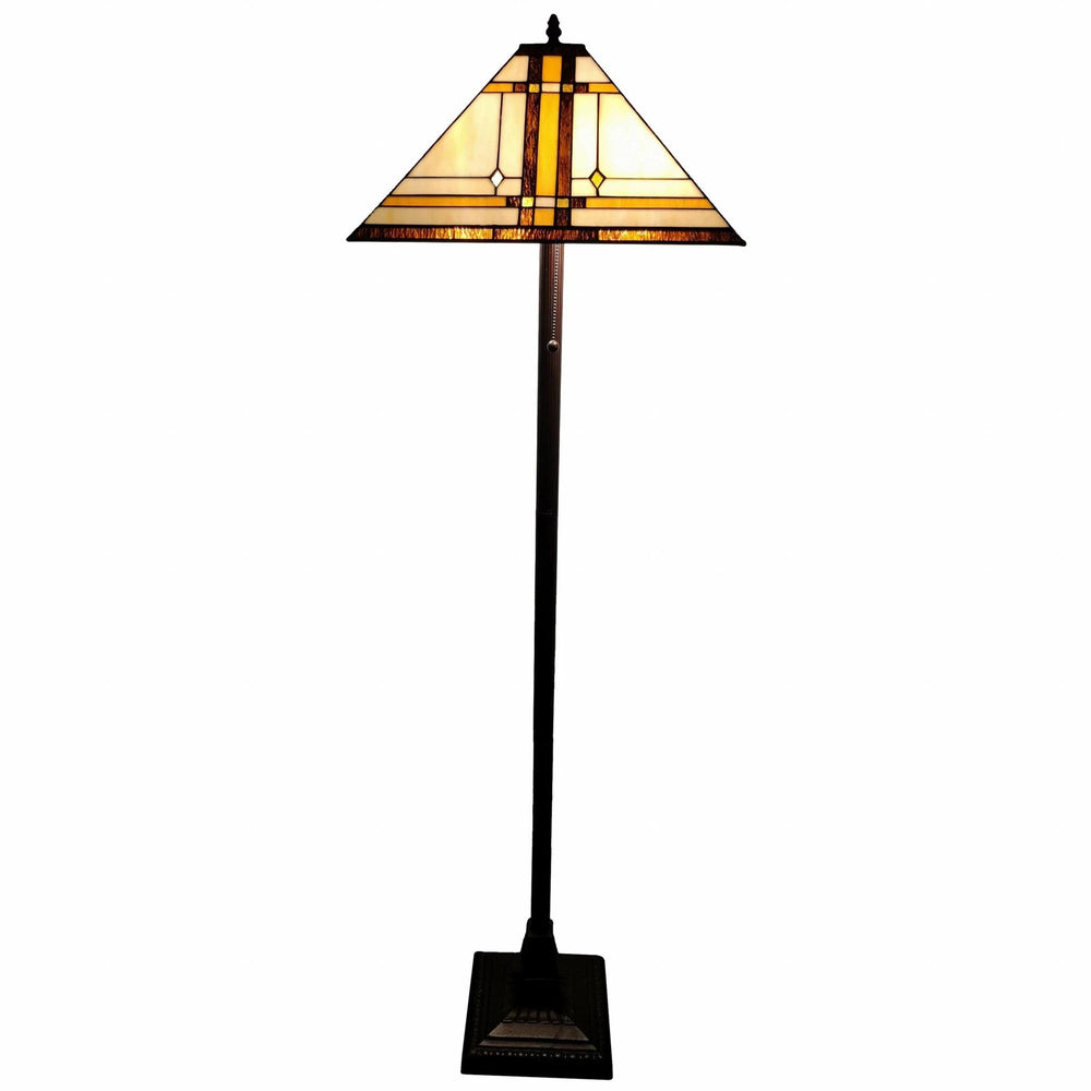 62" Brown Two Lights Traditional Shaped Floor Lamp With Brown And White Stained Glass Cone Shade - Homeroots - Flyclothing LLC