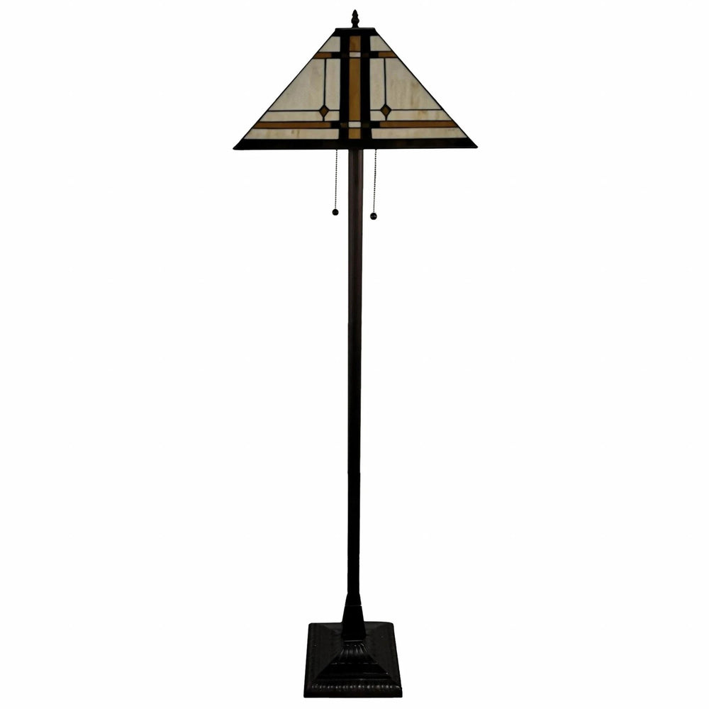 62" Brown Two Lights Traditional Shaped Floor Lamp With Brown And White Stained Glass Cone Shade - Homeroots
