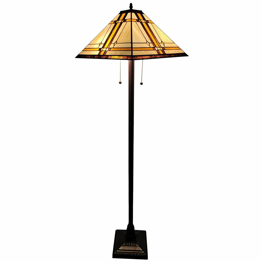 62" Brown Two Lights Traditional Shaped Floor Lamp With Brown And White Stained Glass Cone Shade - Homeroots - Flyclothing LLC