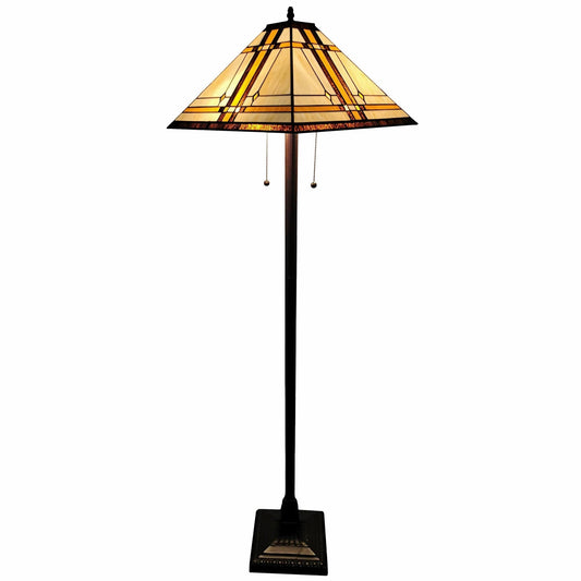 62" Brown Two Lights Traditional Shaped Floor Lamp With Brown And White Stained Glass Cone Shade - Homeroots