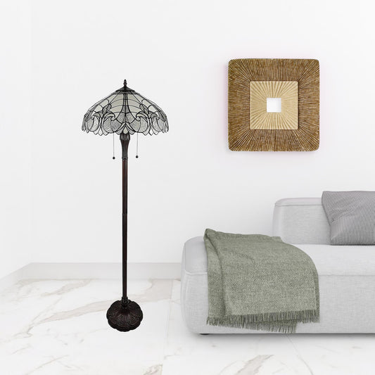 62" Brown Two Light Torchiere Floor Lamp With White Fleur De Lis Stained Glass Dome Shade - Homeroots