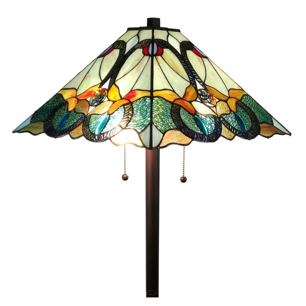 62" Brown Two Light Traditional Shaped Floor Lamp With Brown And Blue Stained Glass Cone Shade - Homeroots