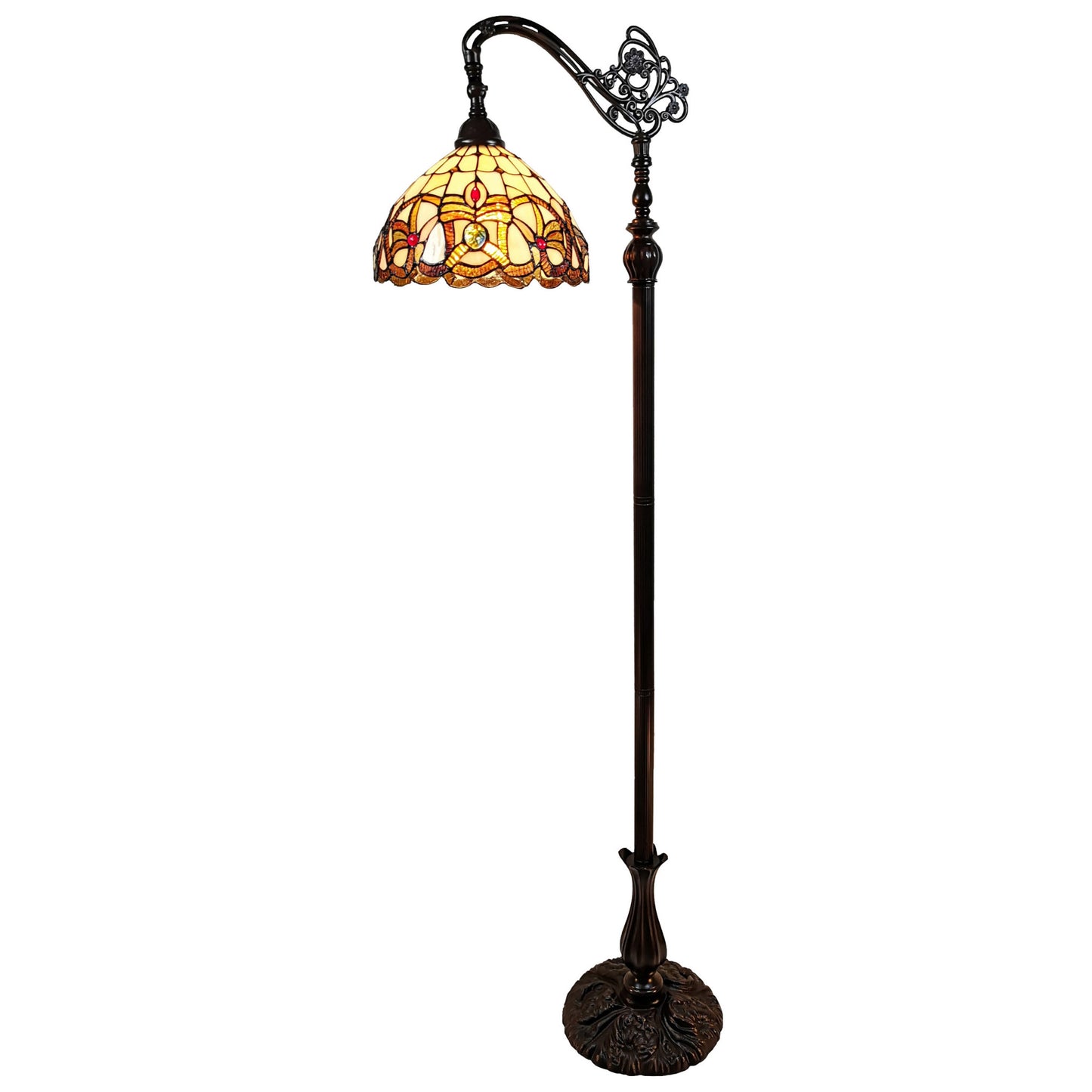 62" Brown Metal Arched Floor Lamp With Amber and Red Flowers Stained Glass Shade - Homeroots - Flyclothing LLC