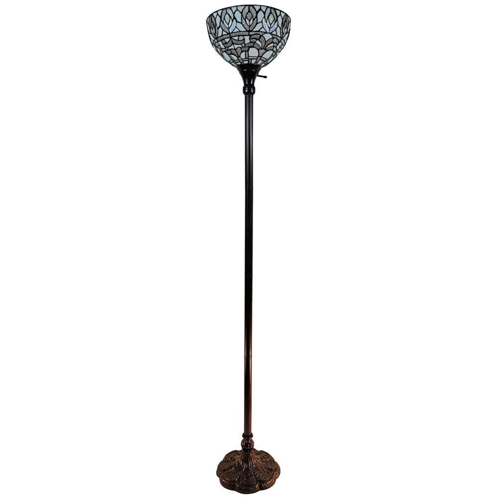 62" Brown Traditional Shaped Floor Lamp With White Peacock Feather Stained Glass Dome Shade - Homeroots