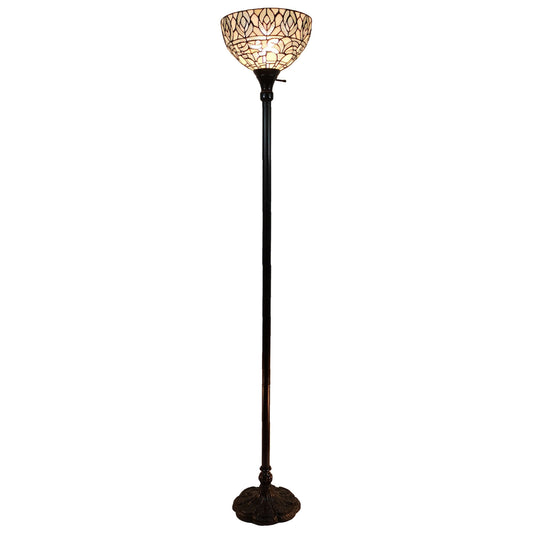 62" Brown Traditional Shaped Floor Lamp With White Peacock Feather Stained Glass Dome Shade - Homeroots