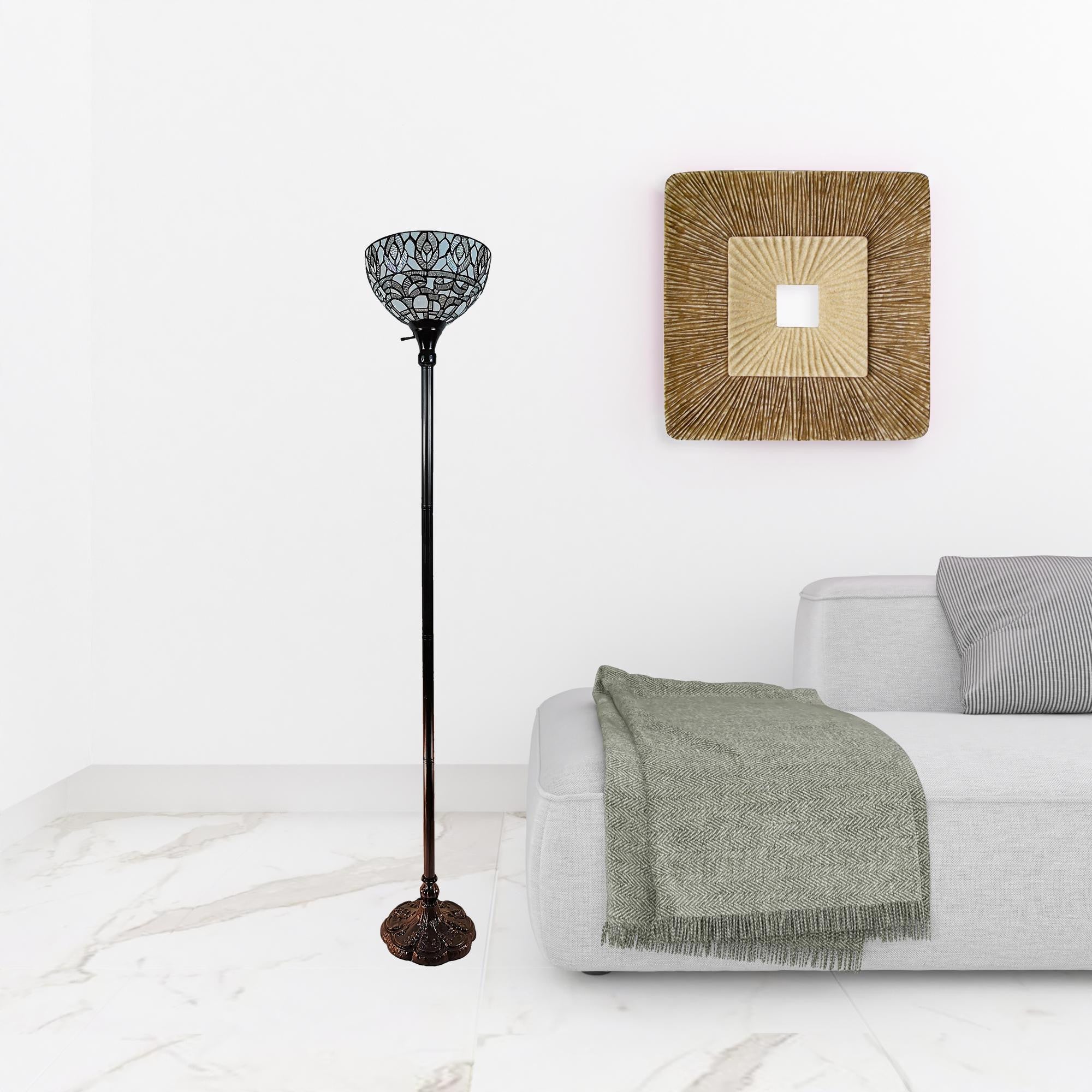 62" Brown Traditional Shaped Floor Lamp With White Peacock Feather Stained Glass Dome Shade - Homeroots - Flyclothing LLC