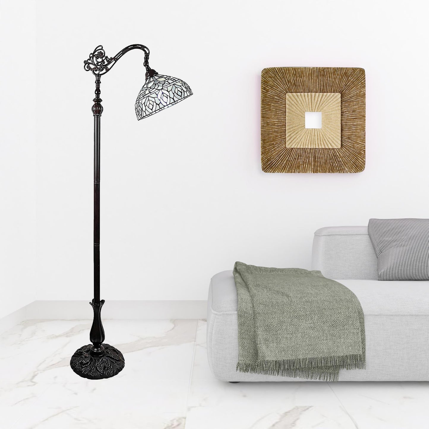 72" Brown Traditional Shaped Floor Lamp With White Peacock Feather Stained Glass Dome Shade - Homeroots - Flyclothing LLC