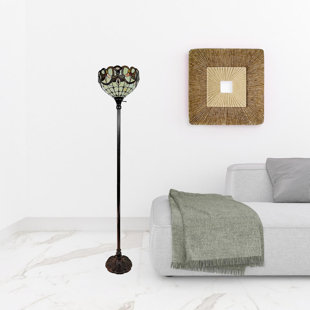 62" Brown Traditional Shaped Floor Lamp With White And Brown Stained Glass Bowl Shade - Homeroots - Flyclothing LLC
