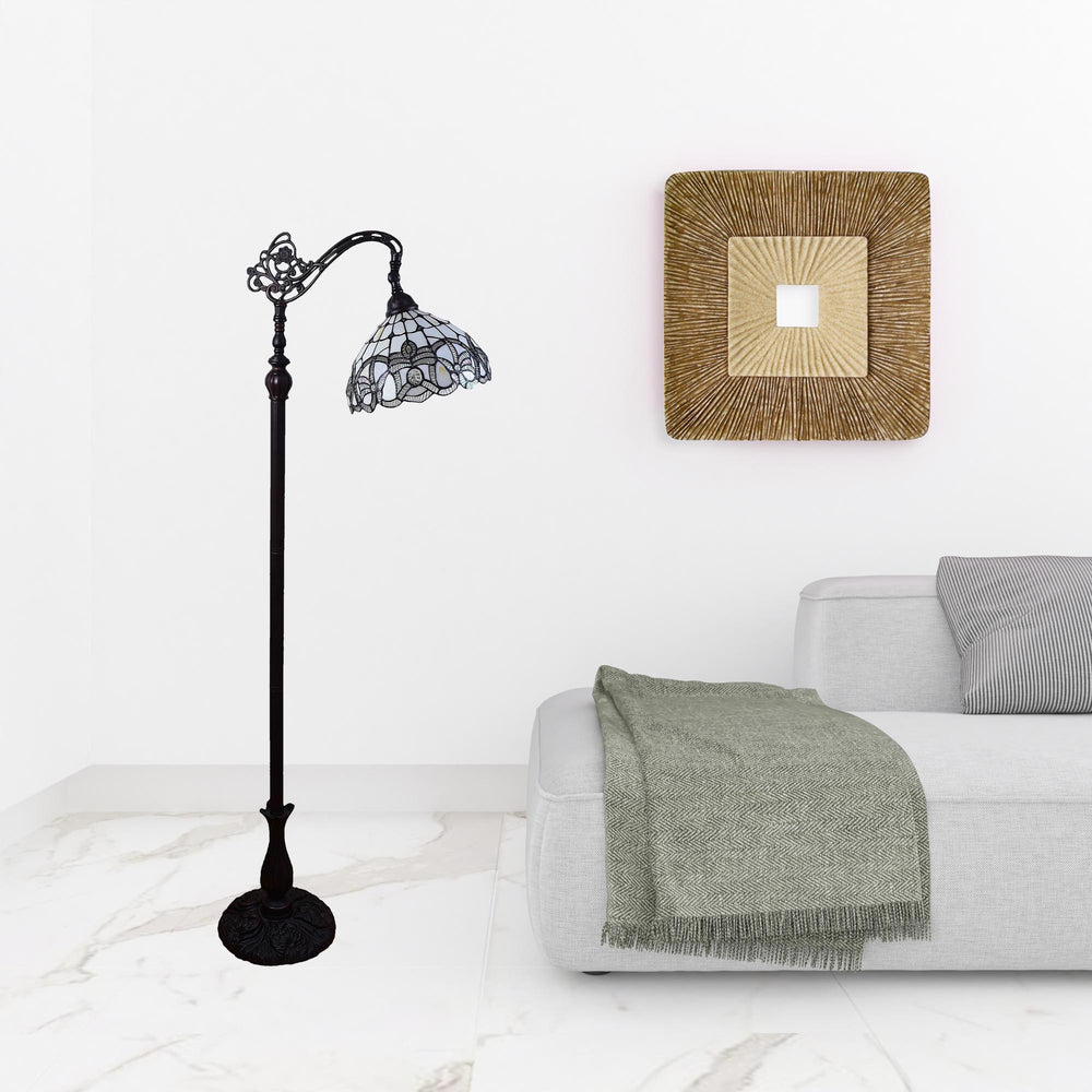 62" Brown Traditional Shaped Floor Lamp With White Stained Glass Bowl Shade