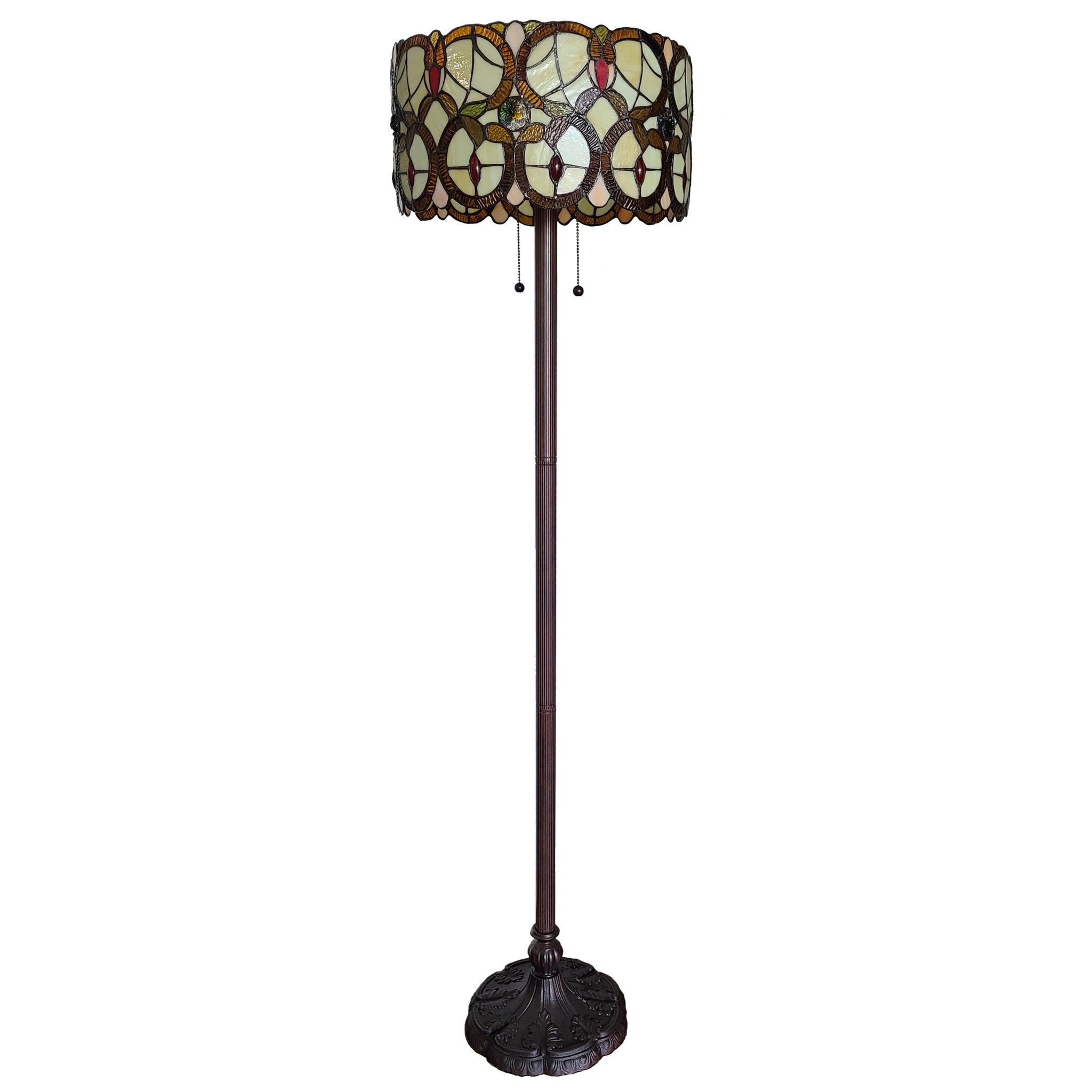63" Brown Two Light Traditional Shaped Floor Lamp With Brown And White Stained Glass Drum Shade - Homeroots - Flyclothing LLC