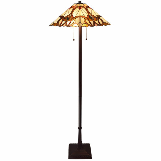62" Brown Two Lights Traditional Shaped Floor Lamp With Brown And White Stained Glass Cone Shade - Homeroots