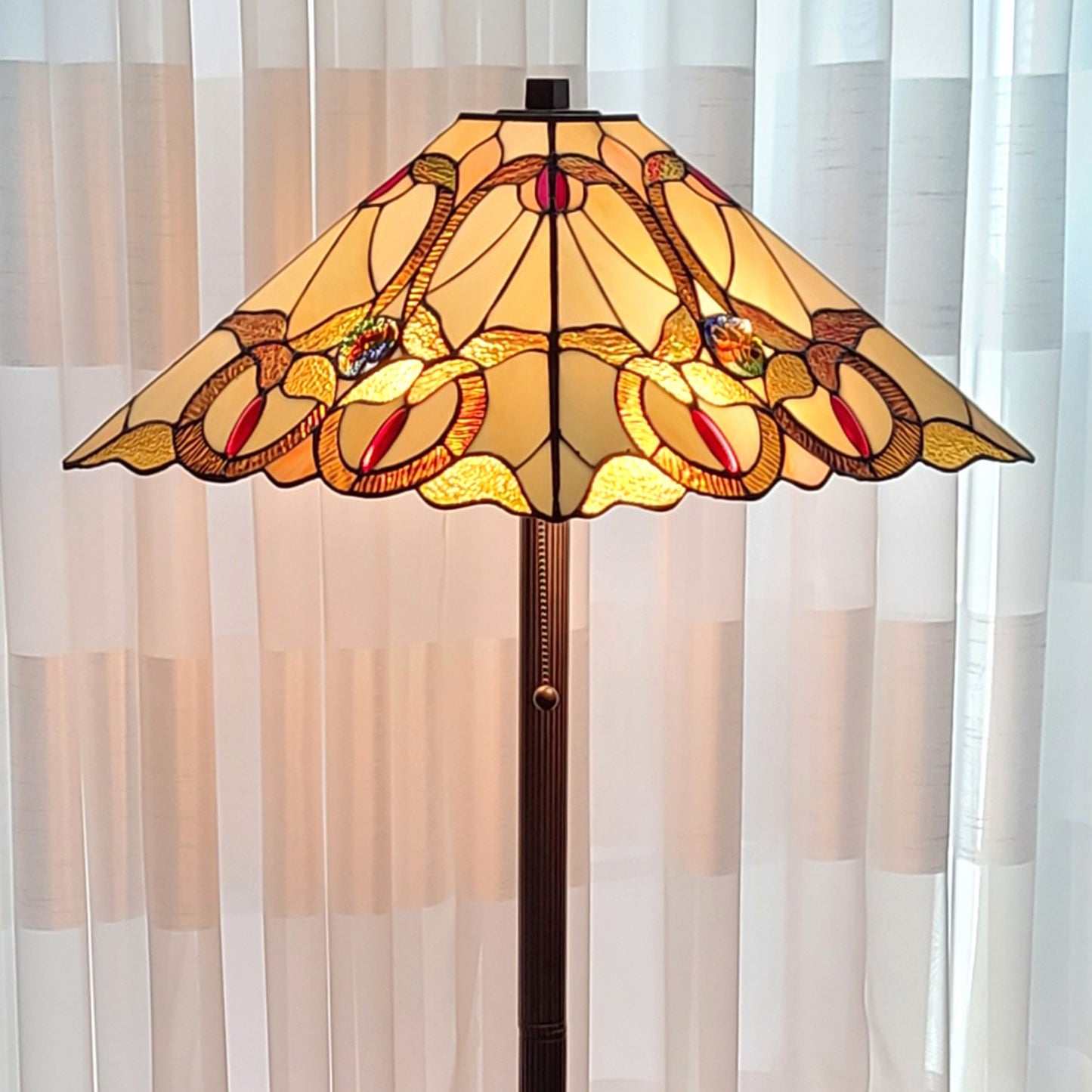 62" Brown Two Lights Traditional Shaped Floor Lamp With Brown And White Stained Glass Cone Shade - Homeroots - Flyclothing LLC