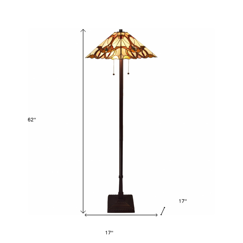 62" Brown Two Lights Traditional Shaped Floor Lamp With Brown And White Stained Glass Cone Shade - Homeroots - Flyclothing LLC