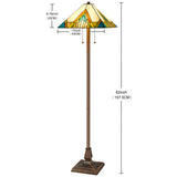 62" Brown Two Light Traditional Shaped Floor Lamp With Beige Green And Blue Geometric Stained Glass Empire Shade - Homeroots