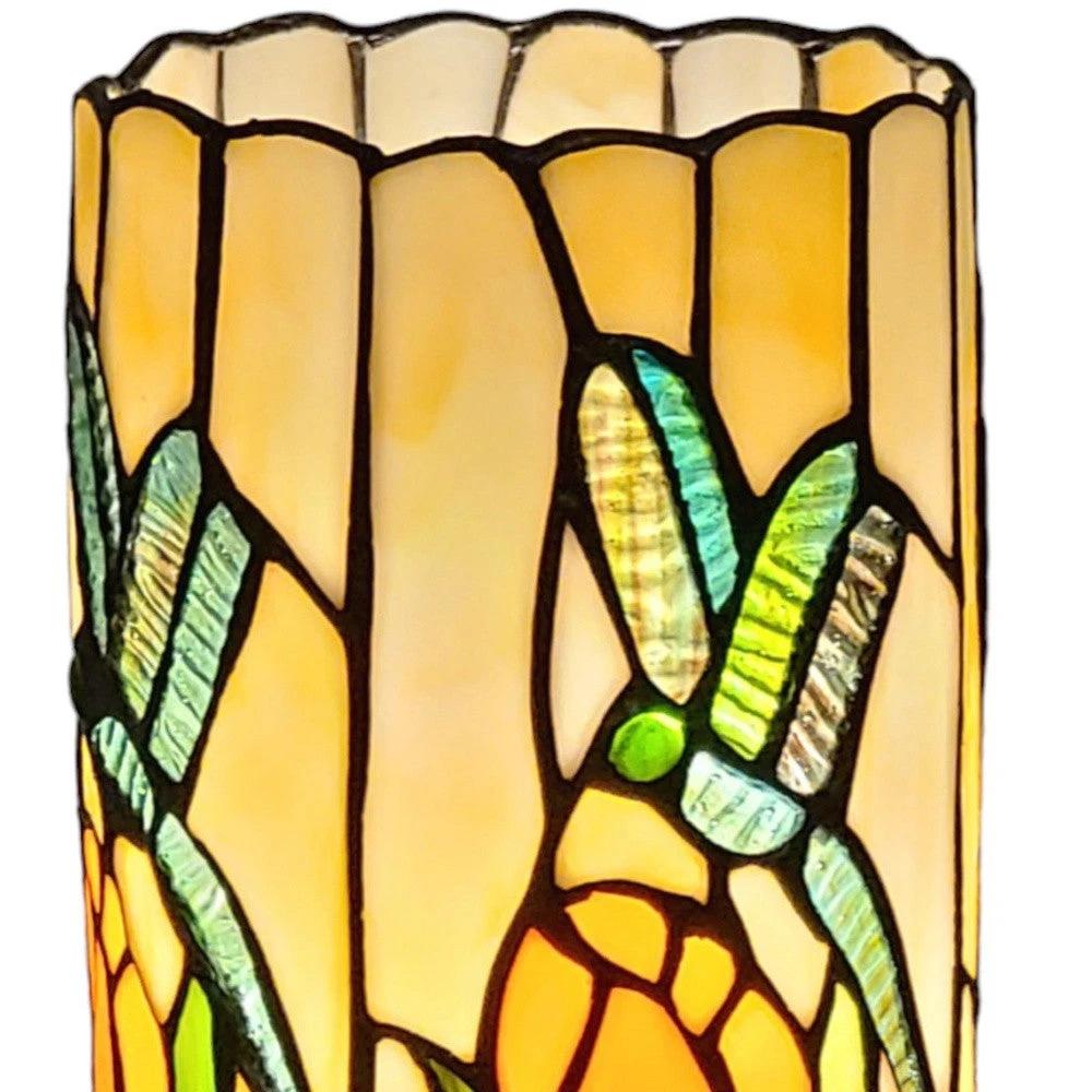11" Beige and Green Dragonfly Stained Glass Accent Lamp - Homeroots