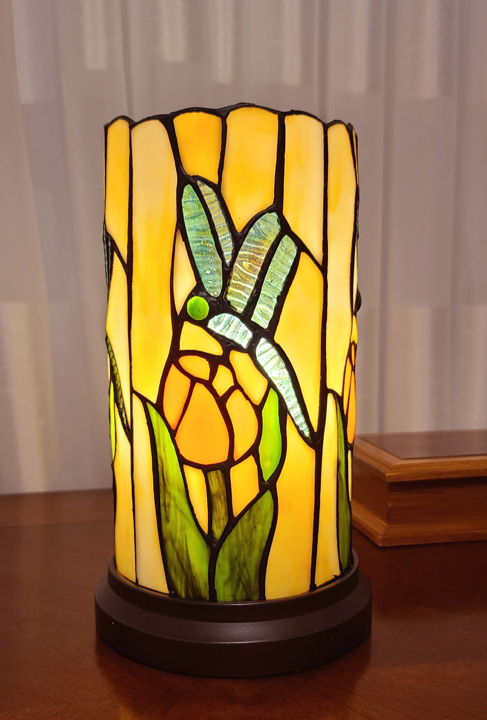 11" Beige and Green Dragonfly Stained Glass Accent Lamp