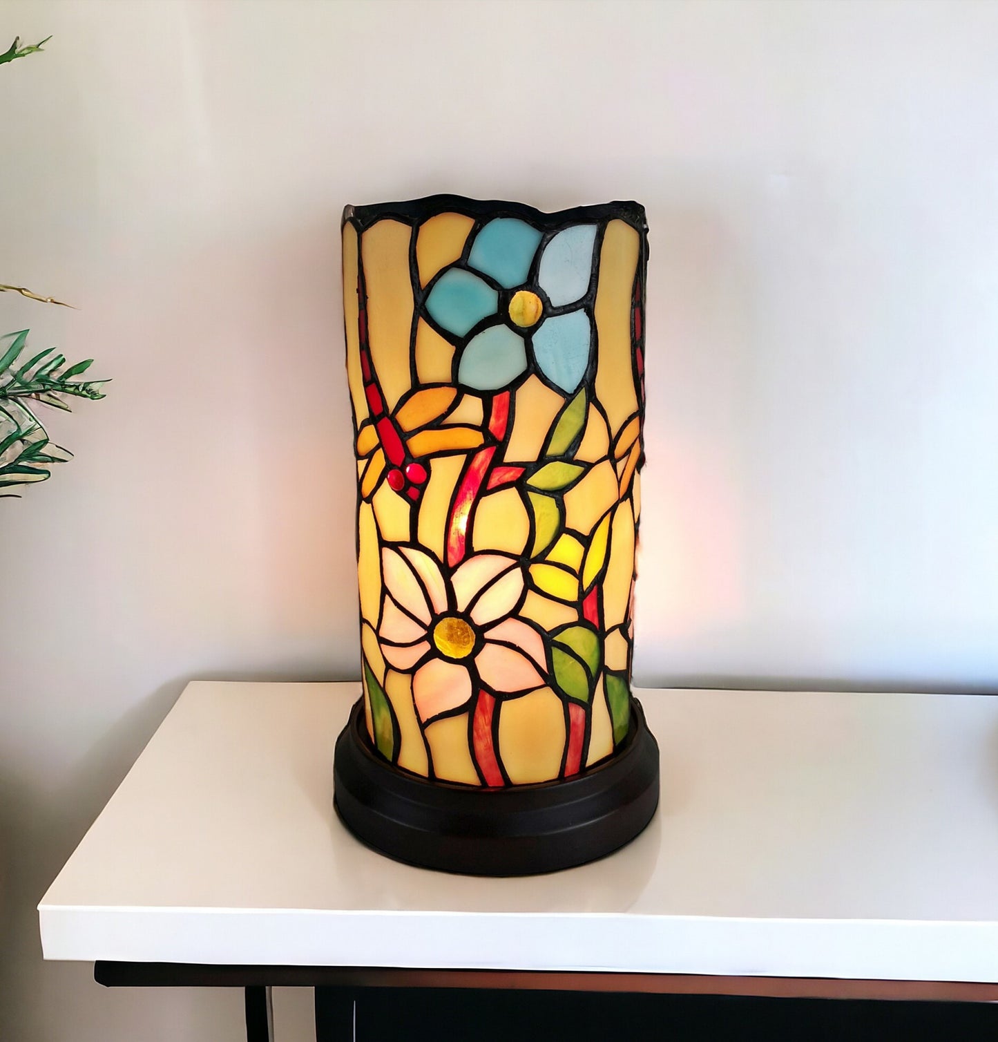 10" Red and Beige Dragonfly Stained Glass Accent Lamp - Homeroots - Flyclothing LLC
