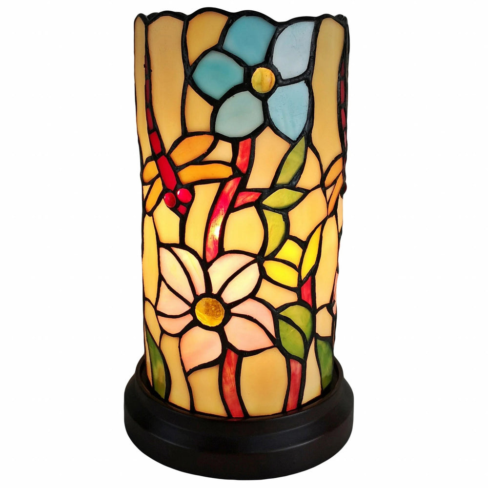 10" Red and Beige Dragonfly Stained Glass Accent Lamp - Homeroots