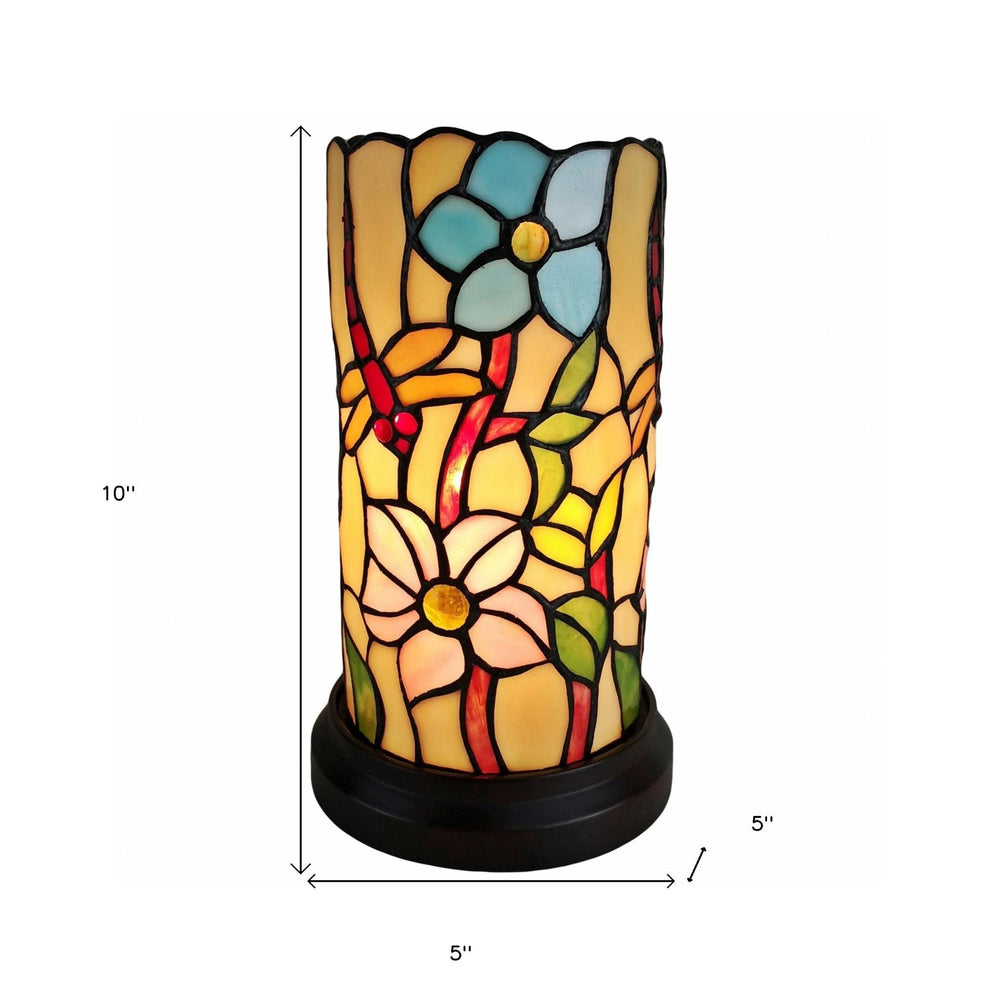 10" Red and Beige Dragonfly Stained Glass Accent Lamp - Homeroots