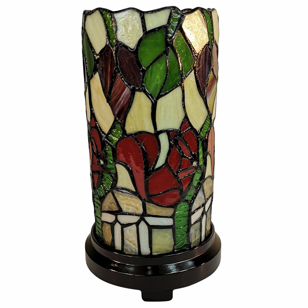 14" Red Green and Black Floral Stained Glass Accent Lamp - Homeroots