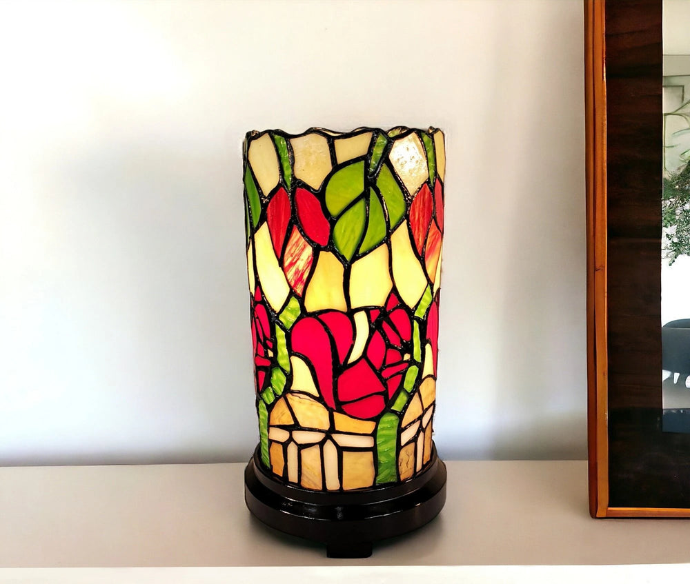 14" Red Green and Black Floral Stained Glass Accent Lamp - Homeroots