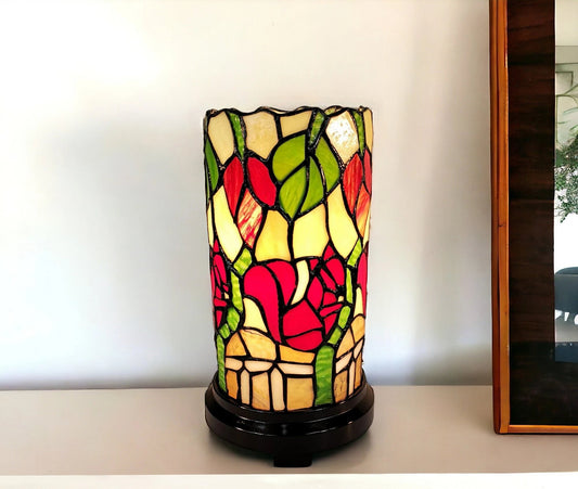14" Red Green and Black Floral Stained Glass Accent Lamp - Homeroots