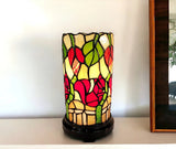 14" Red Green and Black Floral Stained Glass Accent Lamp - Homeroots
