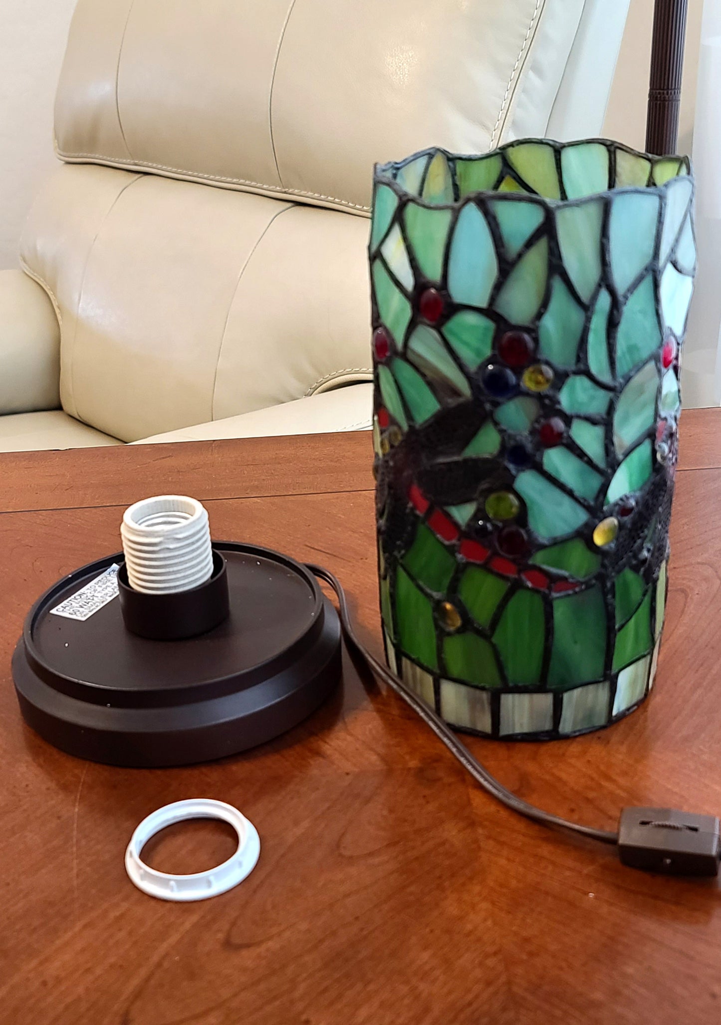 11" Green and Pink Dragonfly Stained Glass Accent Lamp - Homeroots - Flyclothing LLC