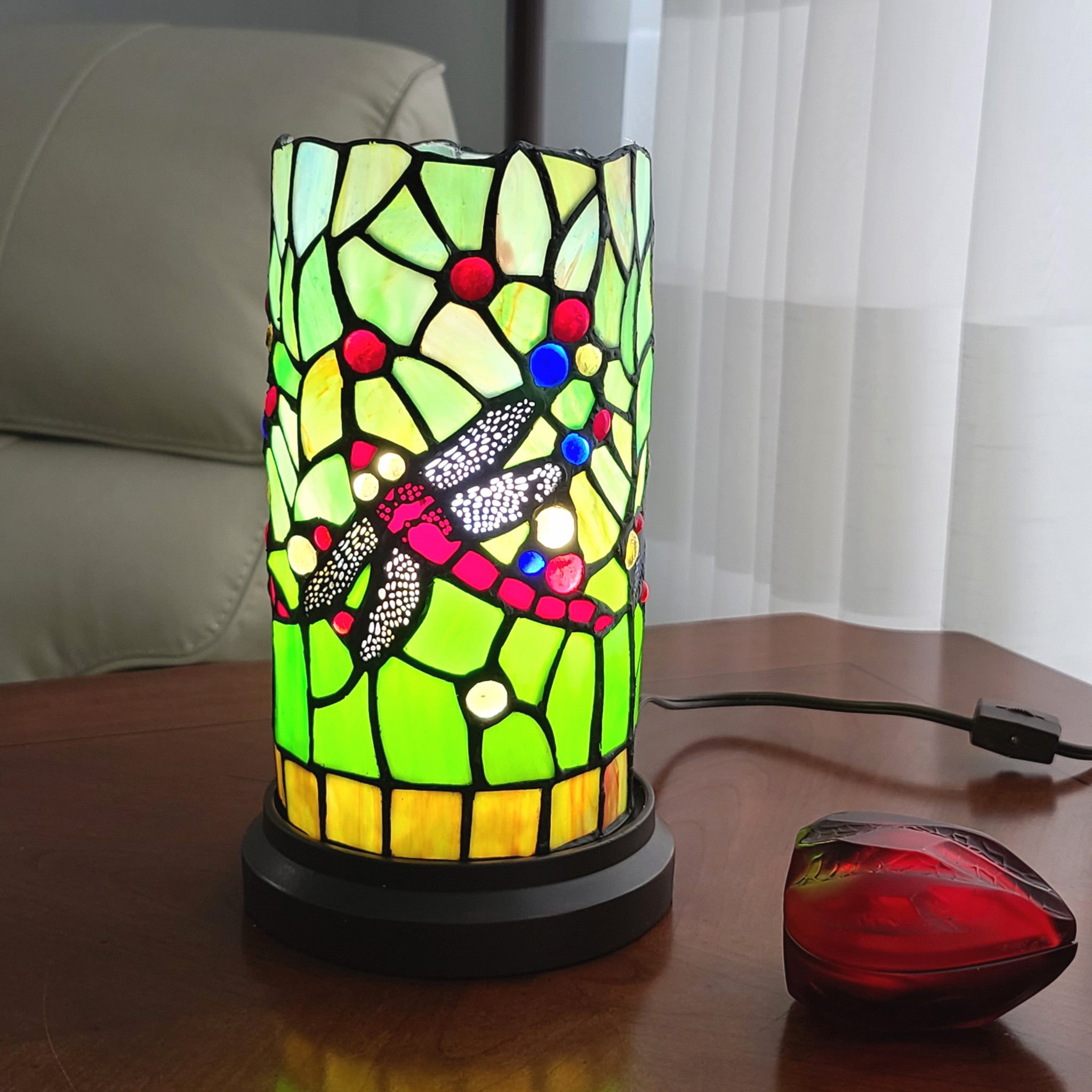 11" Green and Pink Dragonfly Stained Glass Accent Lamp - Homeroots - Flyclothing LLC