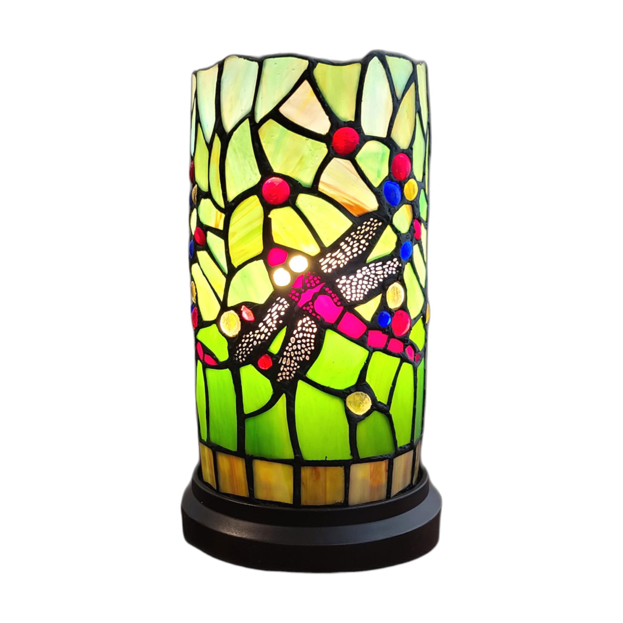 11" Green and Pink Dragonfly Stained Glass Accent Lamp - Homeroots - Flyclothing LLC