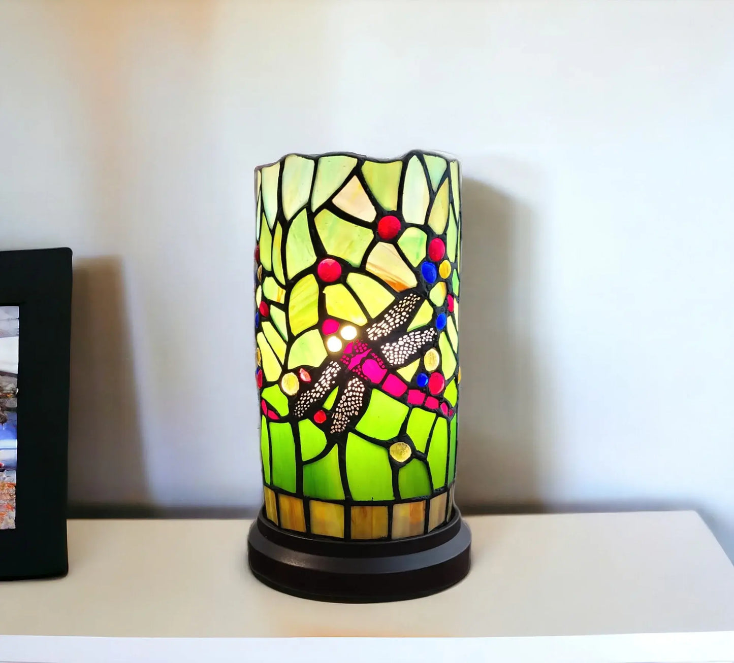 11" Green and Pink Dragonfly Stained Glass Accent Lamp - Homeroots - Flyclothing LLC