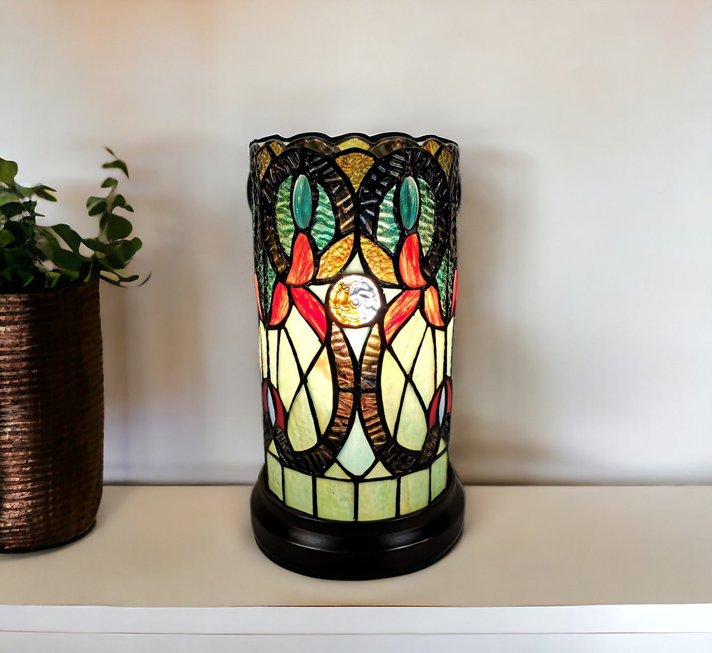 11" Beige and Orange Mosaic Tile Stained Glass Accent Lamp - Homeroots - Flyclothing LLC