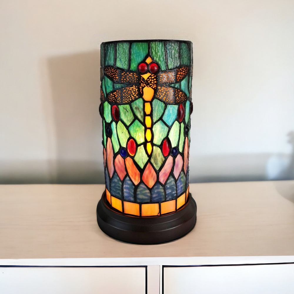 11" Green Brown and Orange Dragonfly Stained Glass Accent Lamp - Homeroots