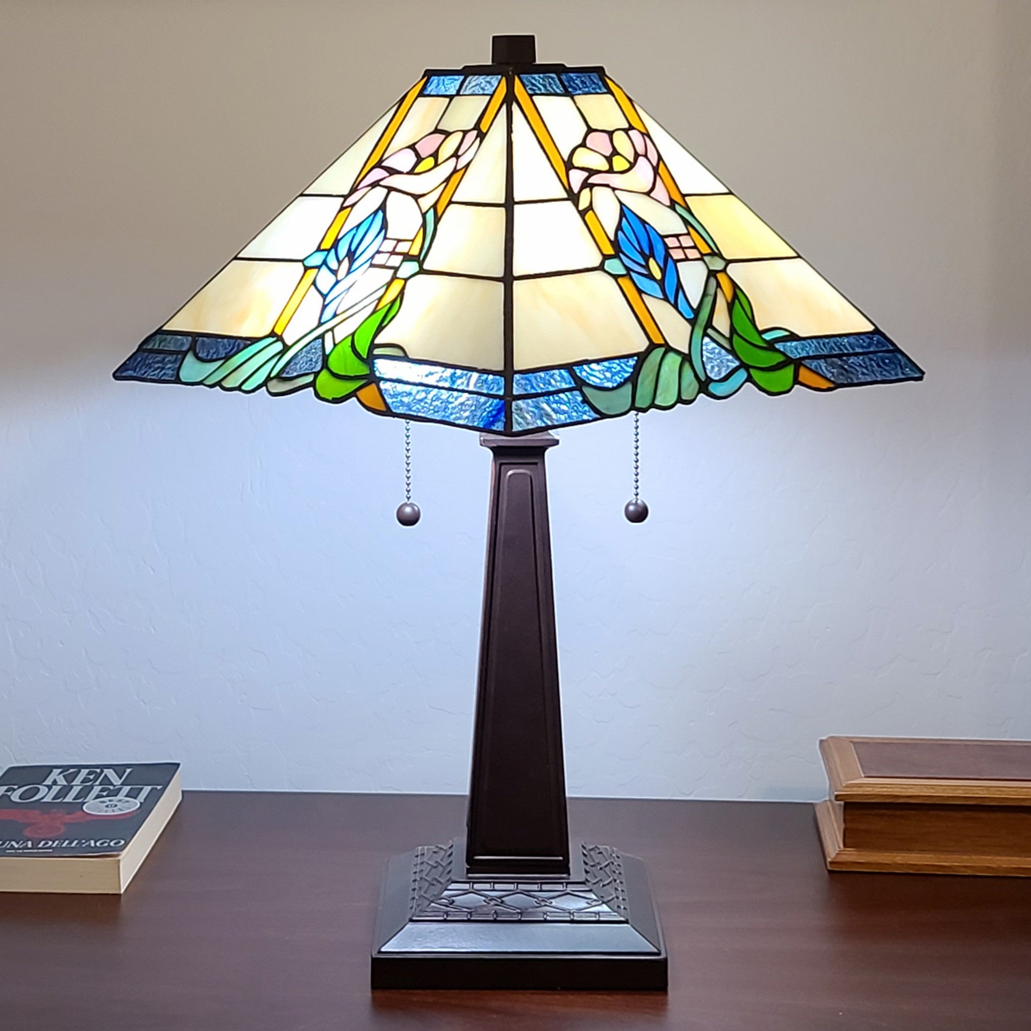 22" Dark Brown Metal Two Light Candlestick Table Lamp With Blue and Beige Shade - Homeroots - Flyclothing LLC