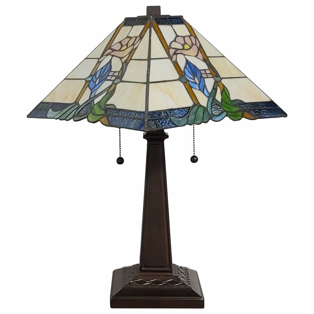 22" Dark Brown Metal Two Light Candlestick Table Lamp With Blue and Beige Shade - Homeroots - Flyclothing LLC