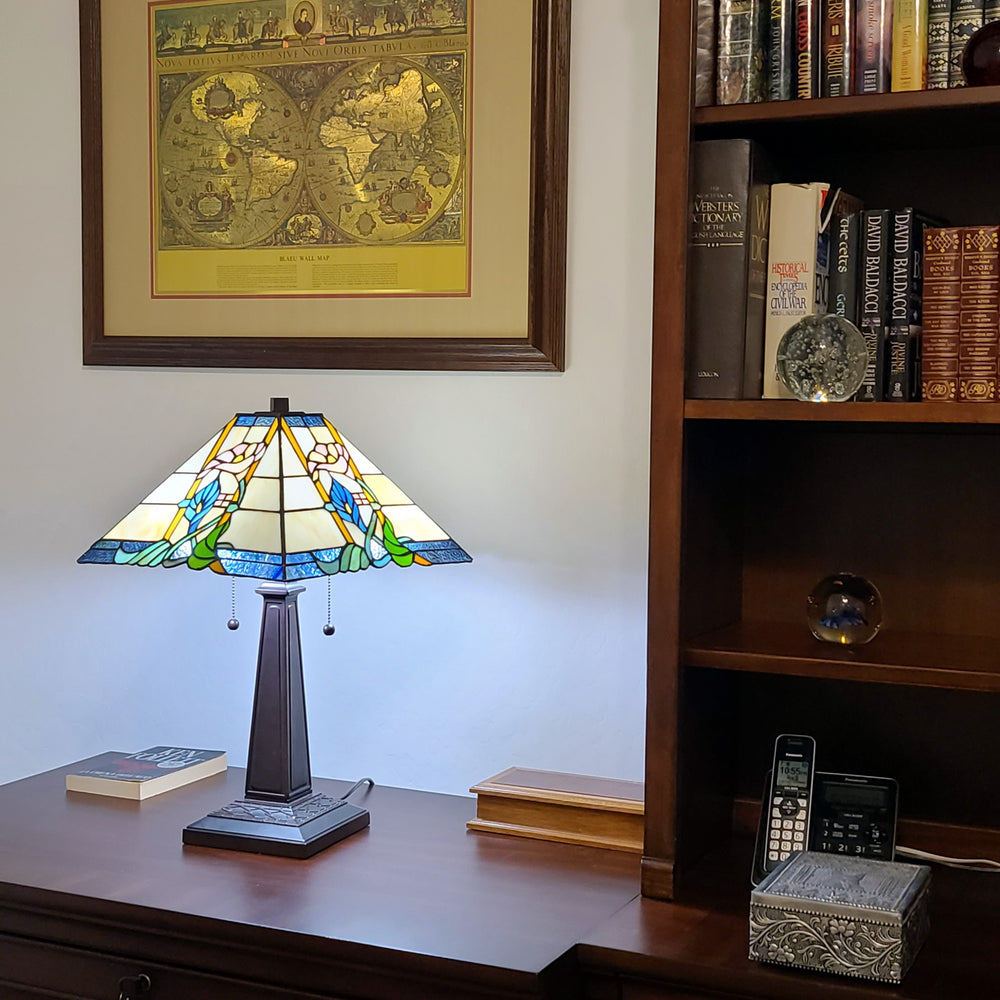 22" Dark Brown Metal Two Light Candlestick Table Lamp With Blue and Beige Shade - Homeroots - Flyclothing LLC