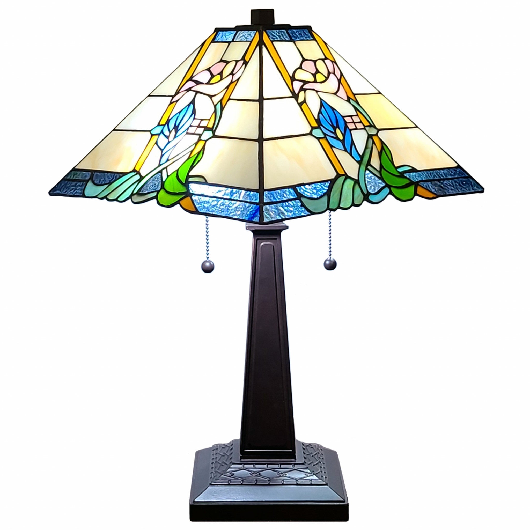 22" Dark Brown Metal Two Light Candlestick Table Lamp With Blue and Beige Shade - Homeroots - Flyclothing LLC
