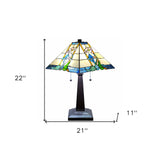 22" Dark Brown Metal Two Light Candlestick Table Lamp With Blue and Beige Shade - Homeroots - Flyclothing LLC
