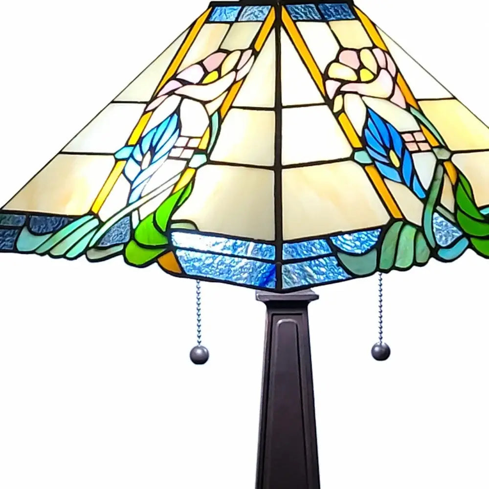 22" Dark Brown Metal Two Light Candlestick Table Lamp With Blue and Beige Shade - Homeroots - Flyclothing LLC