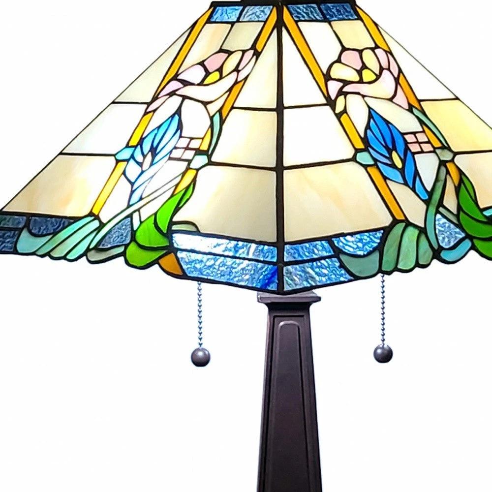 22" Dark Brown Metal Two Light Candlestick Table Lamp With Blue and Beige Shade - Homeroots - Flyclothing LLC